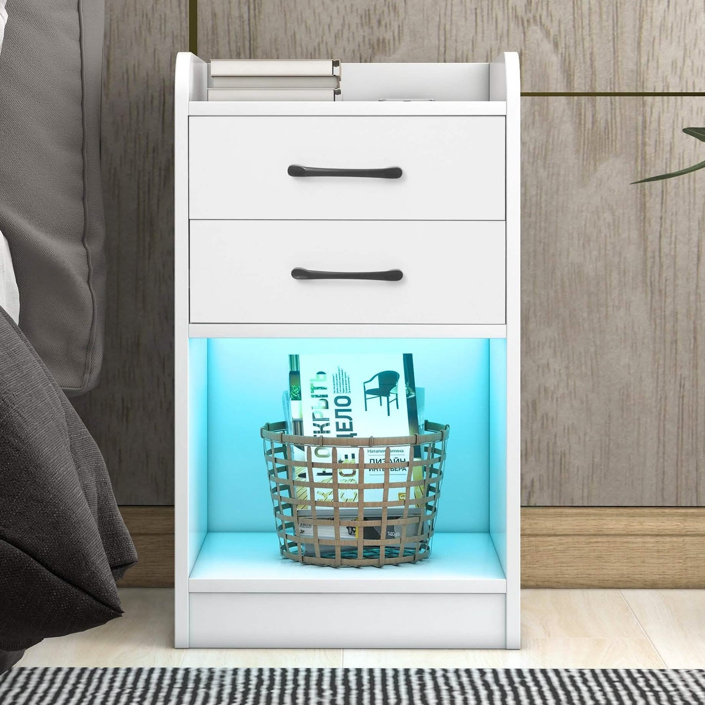 Nightstand with Charging Station and LED Lights