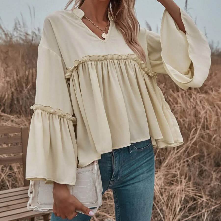 Notch Neck Frill Trim Flounce Sleeve Babydoll Blouse