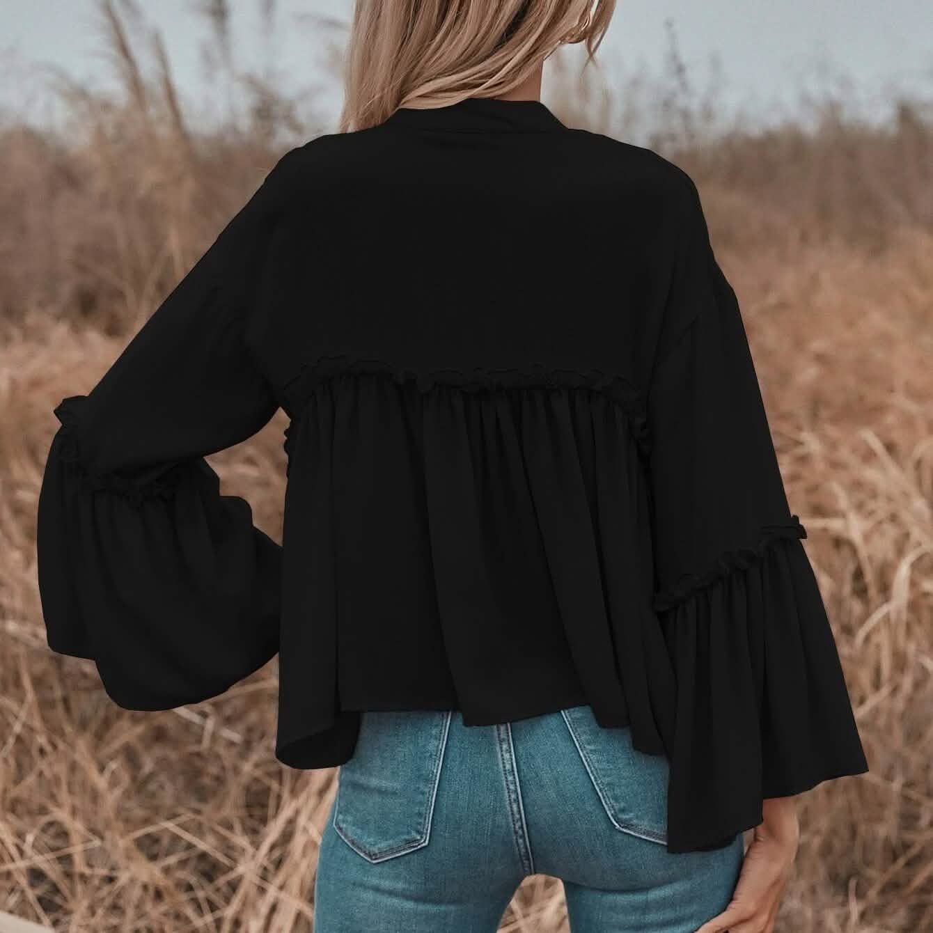 Notch Neck Frill Trim Flounce Sleeve Babydoll Blouse
