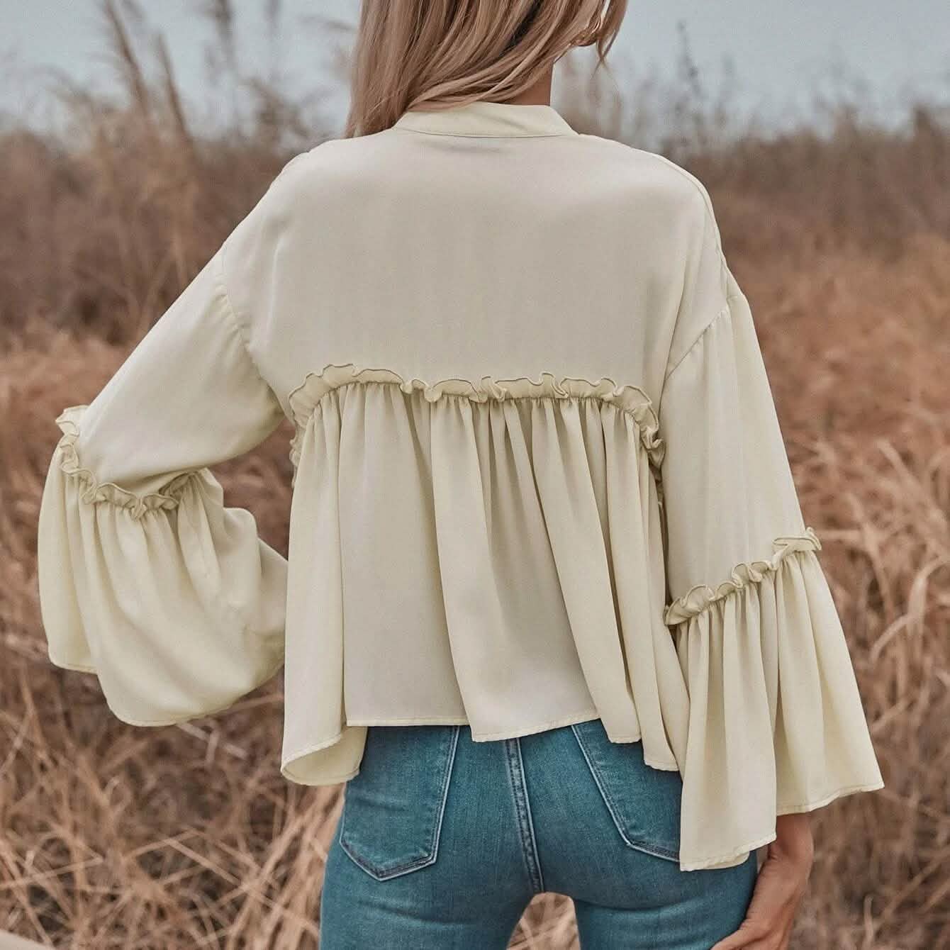 Notch Neck Frill Trim Flounce Sleeve Babydoll Blouse