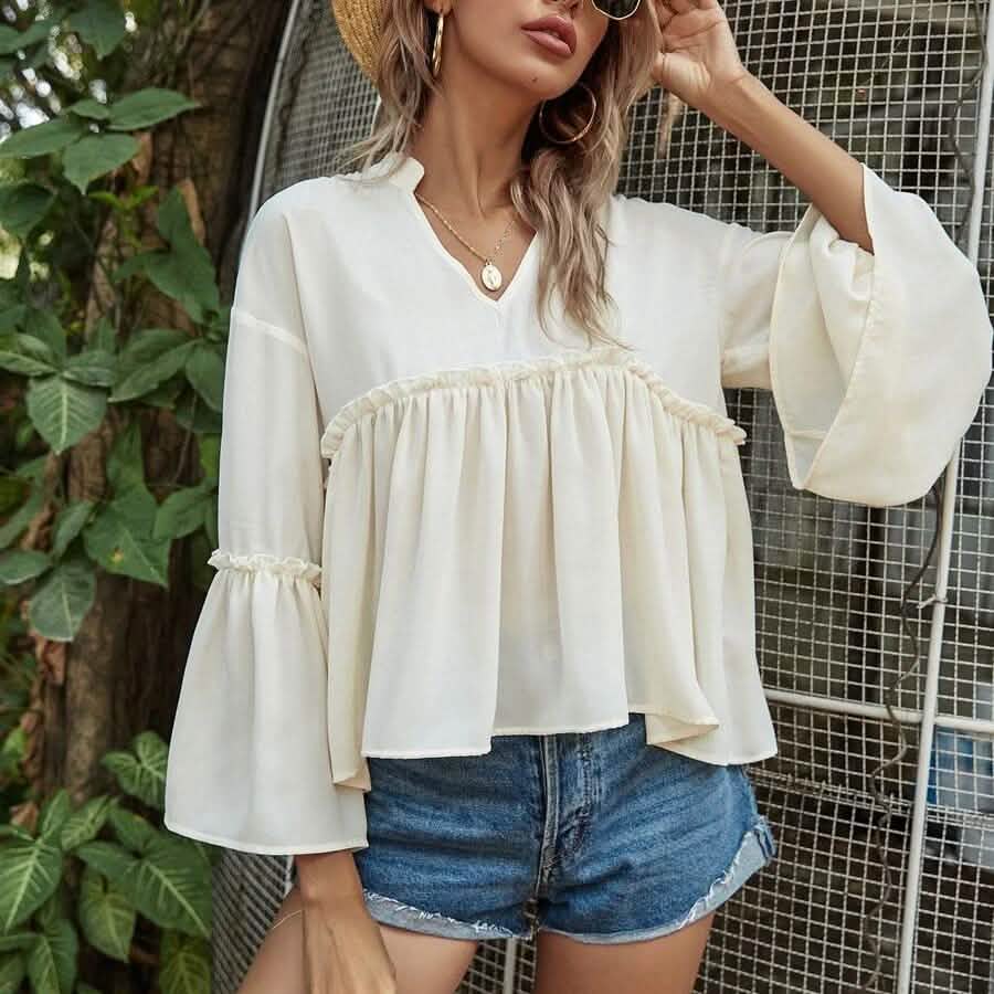 Notch Neck Frill Trim Flounce Sleeve Babydoll Blouse