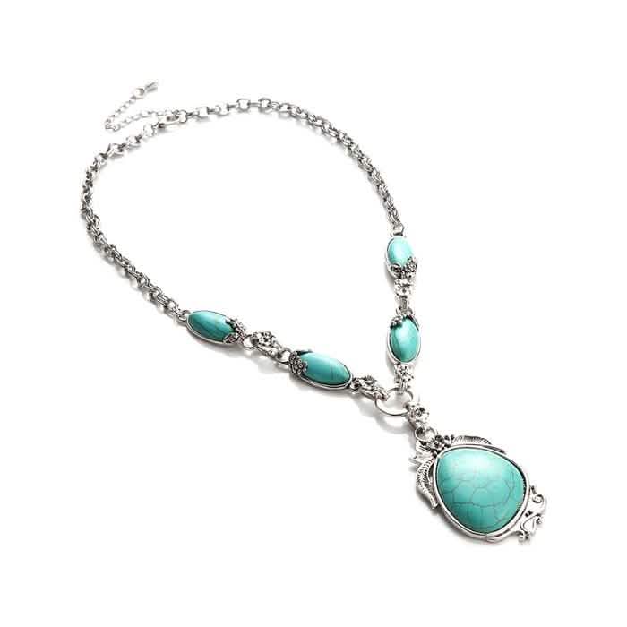 Novadab Antique Silver Tibet Turquoise Long Chain Silver Plated Necklace