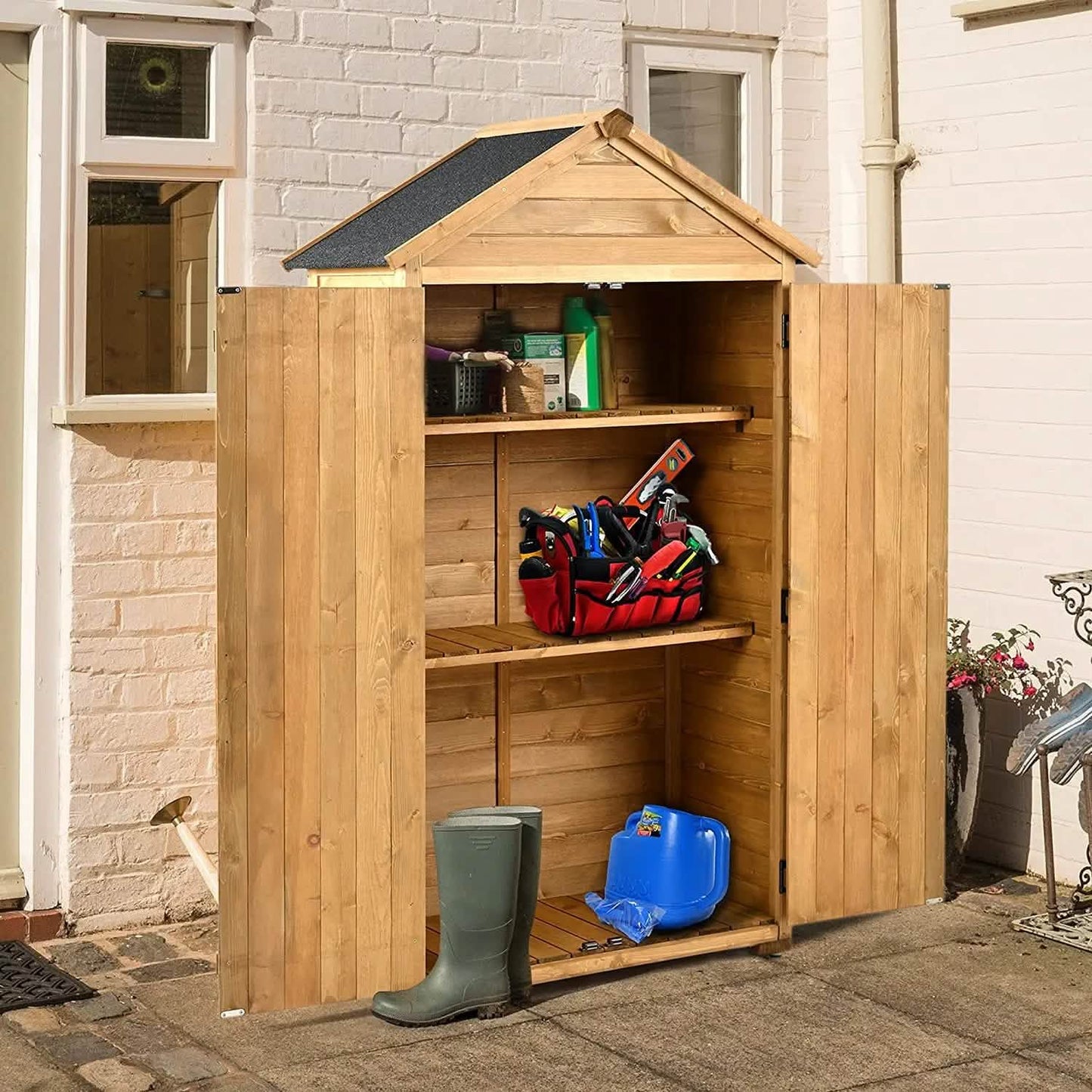 Outdoor Wood Tilt Storage Shed Tool Organizer with Waterproof Asphalt Roof