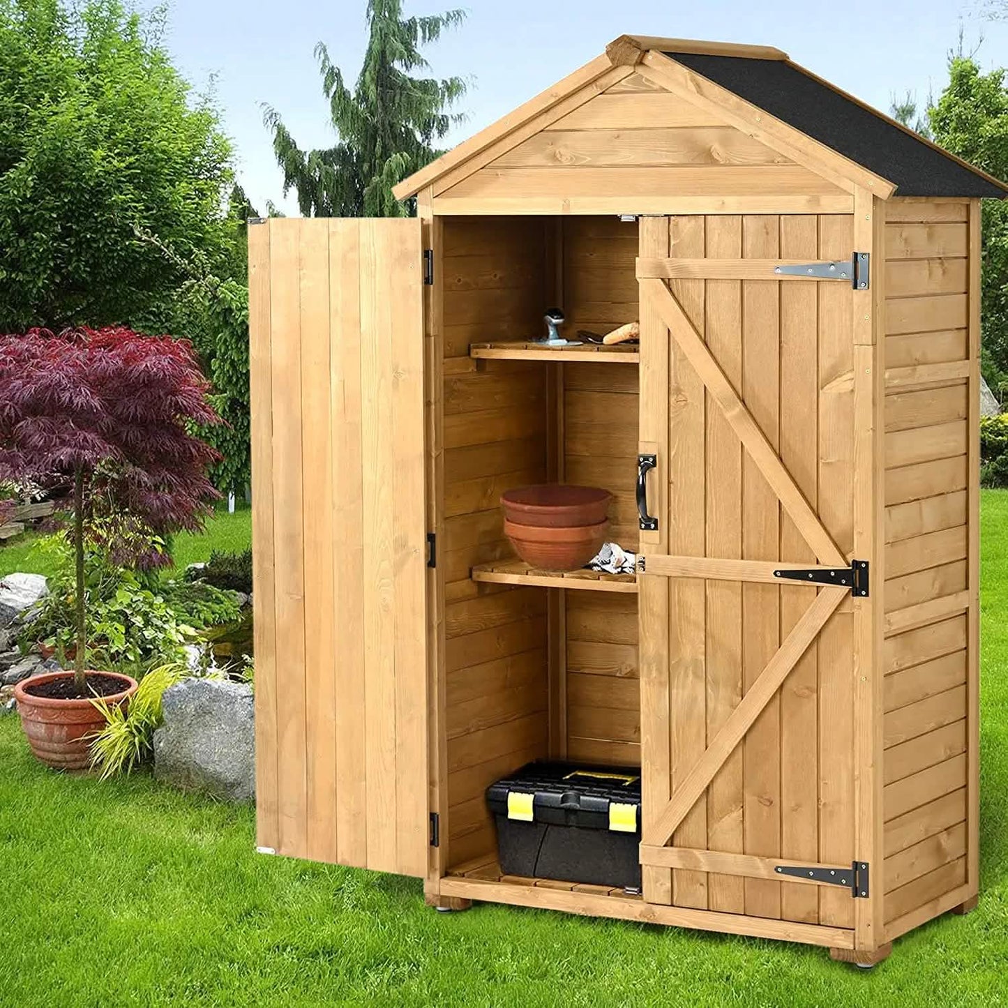Outdoor Wood Tilt Storage Shed Tool Organizer with Waterproof Asphalt Roof