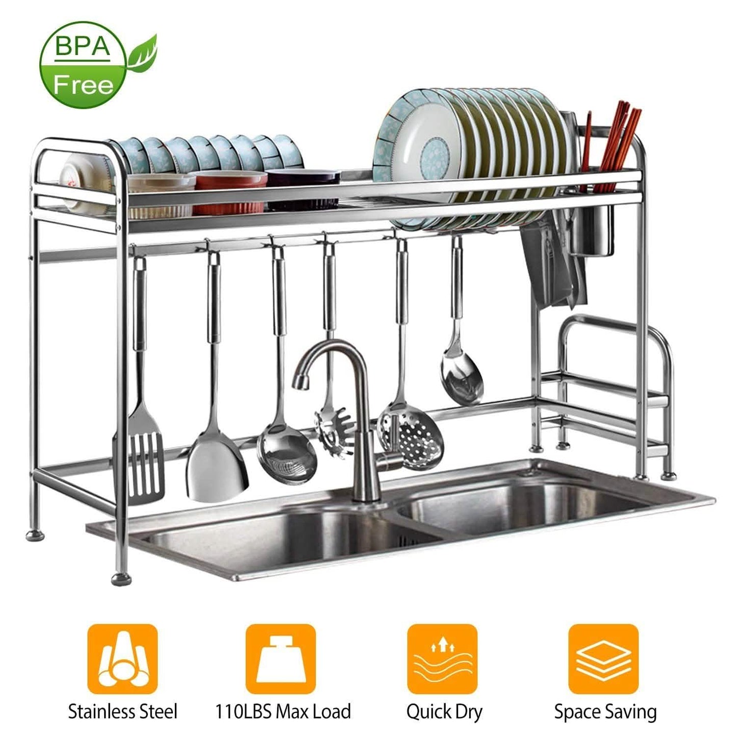 Over Sink Dish Drying Rack with Cutlery Holder