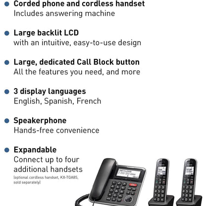 Panasonic Expandable Corded/Cordless Phone System with Answering Machine and One Touch Call Blocking – 2 Handsets  (Refurbished)