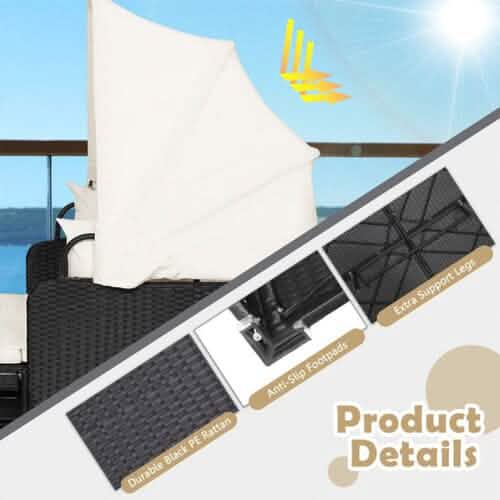 Patio Rattan Daybed with Retractable Canopy and Side Tables