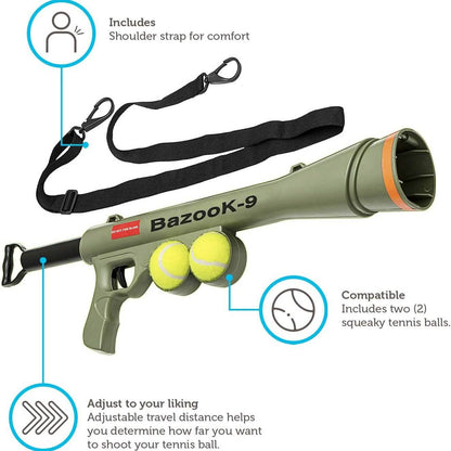 Paws & Pals Bazook - 9 Tennis Ball Launcher Gun with 2 Squeaky Balls