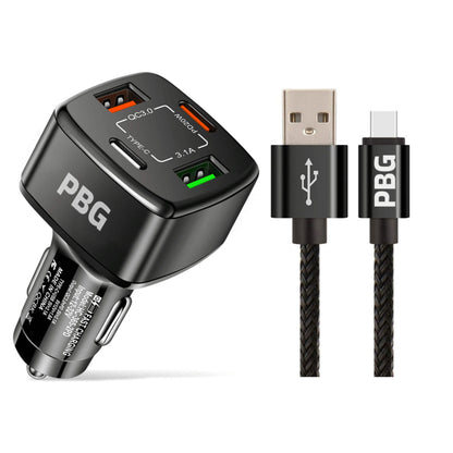 PBG 4-Port PD/USB Car Charger and 10FT Zebra Style Lightning Cable Bundle
