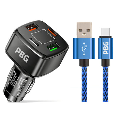 PBG 4-Port PD/USB Car Charger and 10FT Zebra Style Lightning Cable Bundle