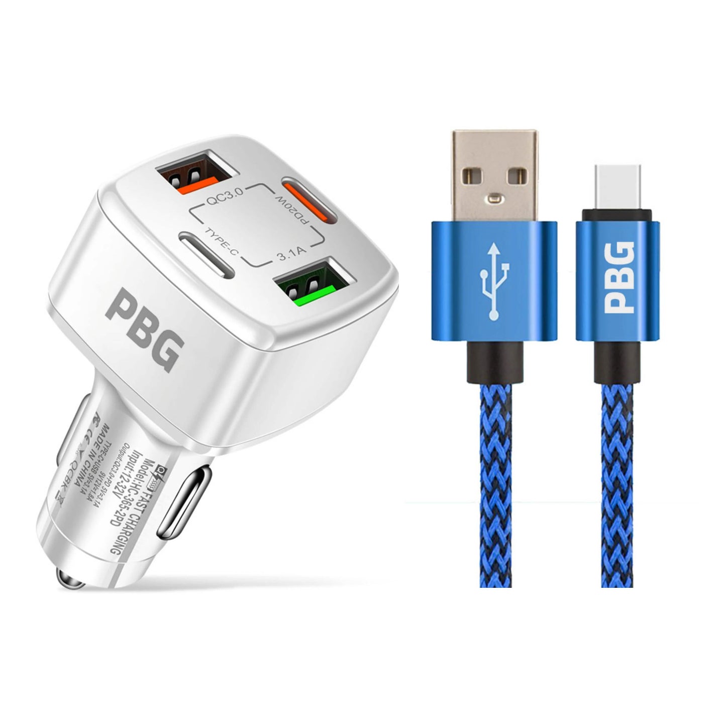 PBG 4 Port PD/USB Car Charger and 10Ft. Zebra Style Lightning Cable Bundle