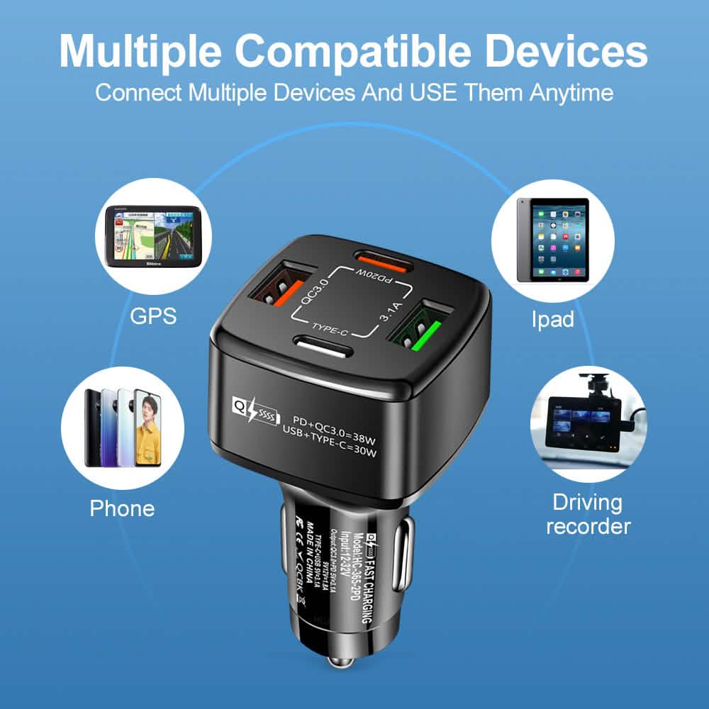PBG 4-Port PD/USB Car Charger and 10FT Zebra Style Lightning Cable Bundle