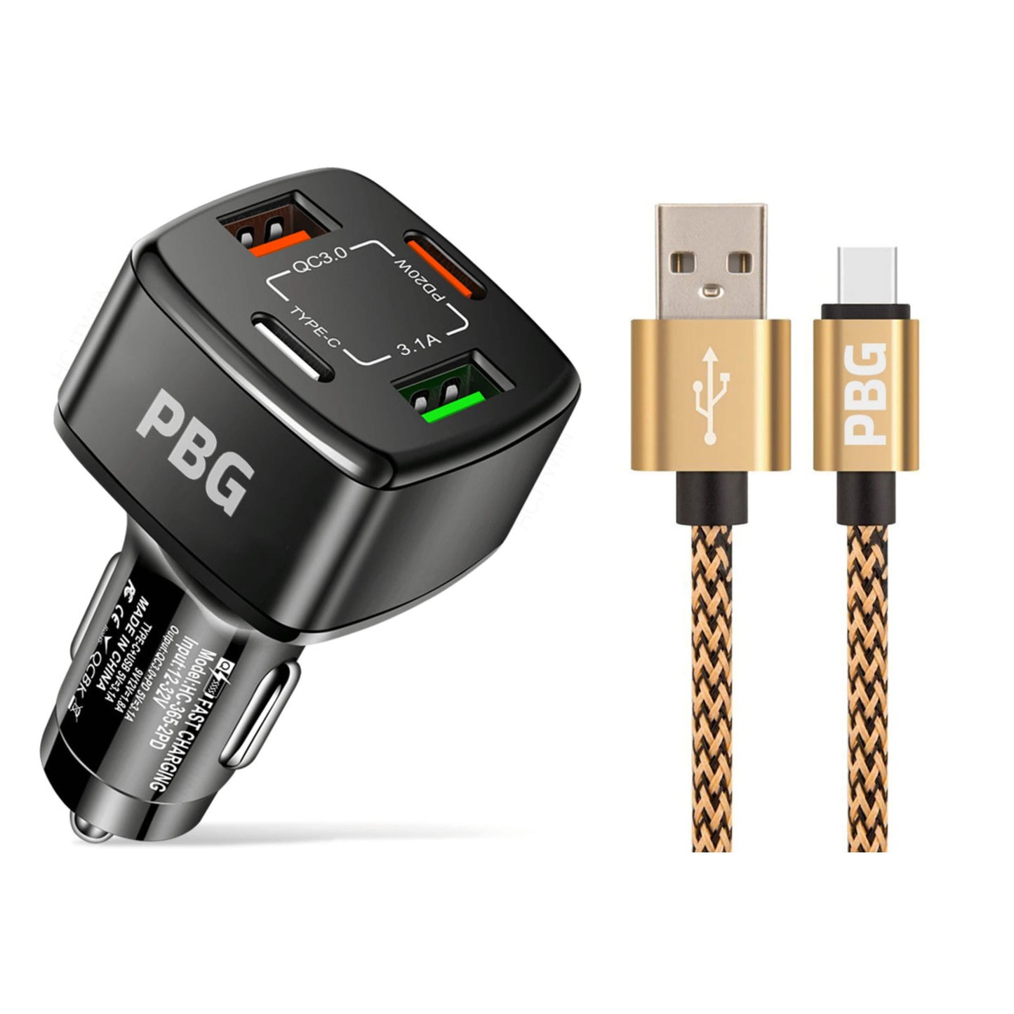 PBG 4-Port PD/USB Car Charger and 10FT Zebra Style Lightning Cable Bundle