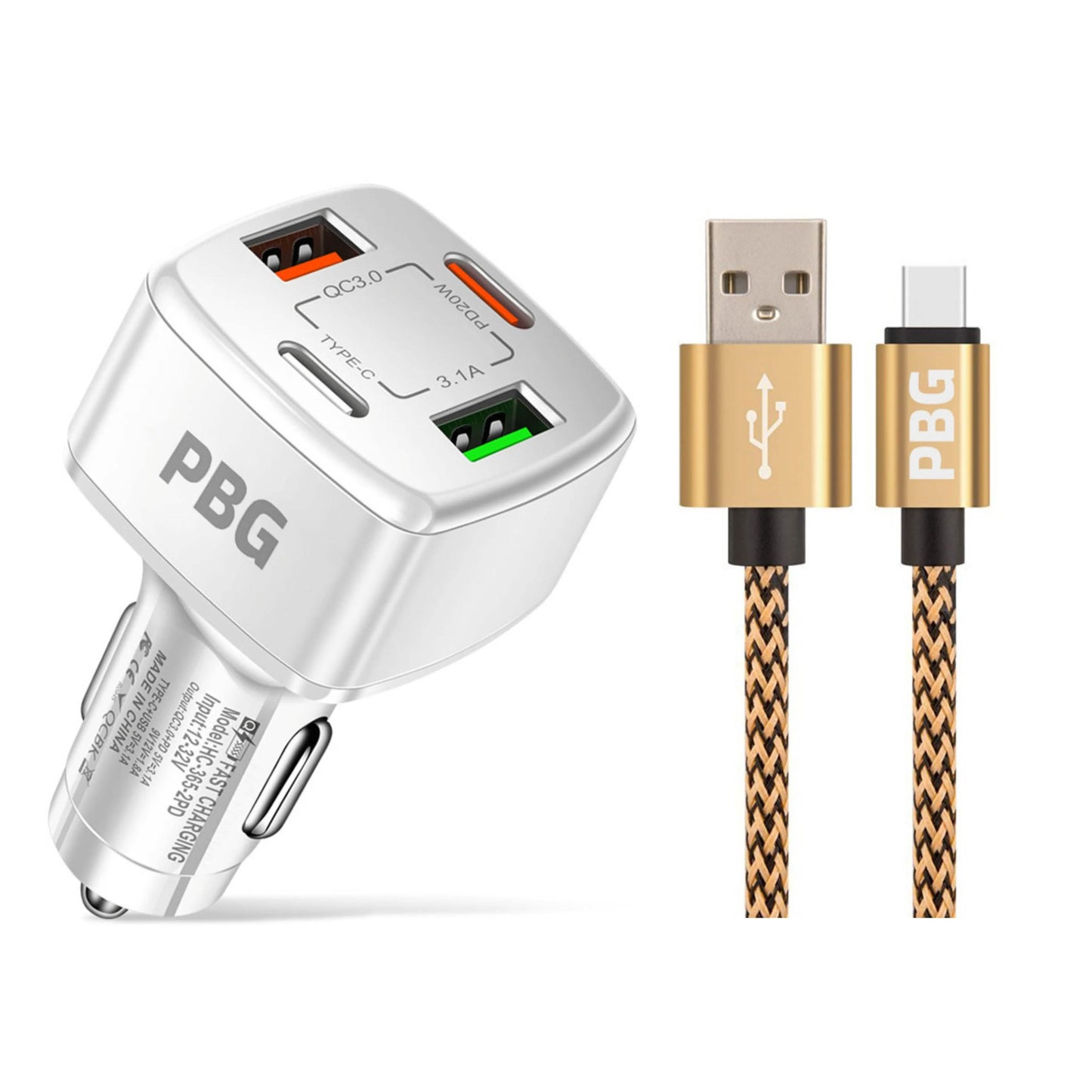 PBG 4 Port PD/USB Car Charger and 10Ft. Zebra Style Lightning Cable Bundle