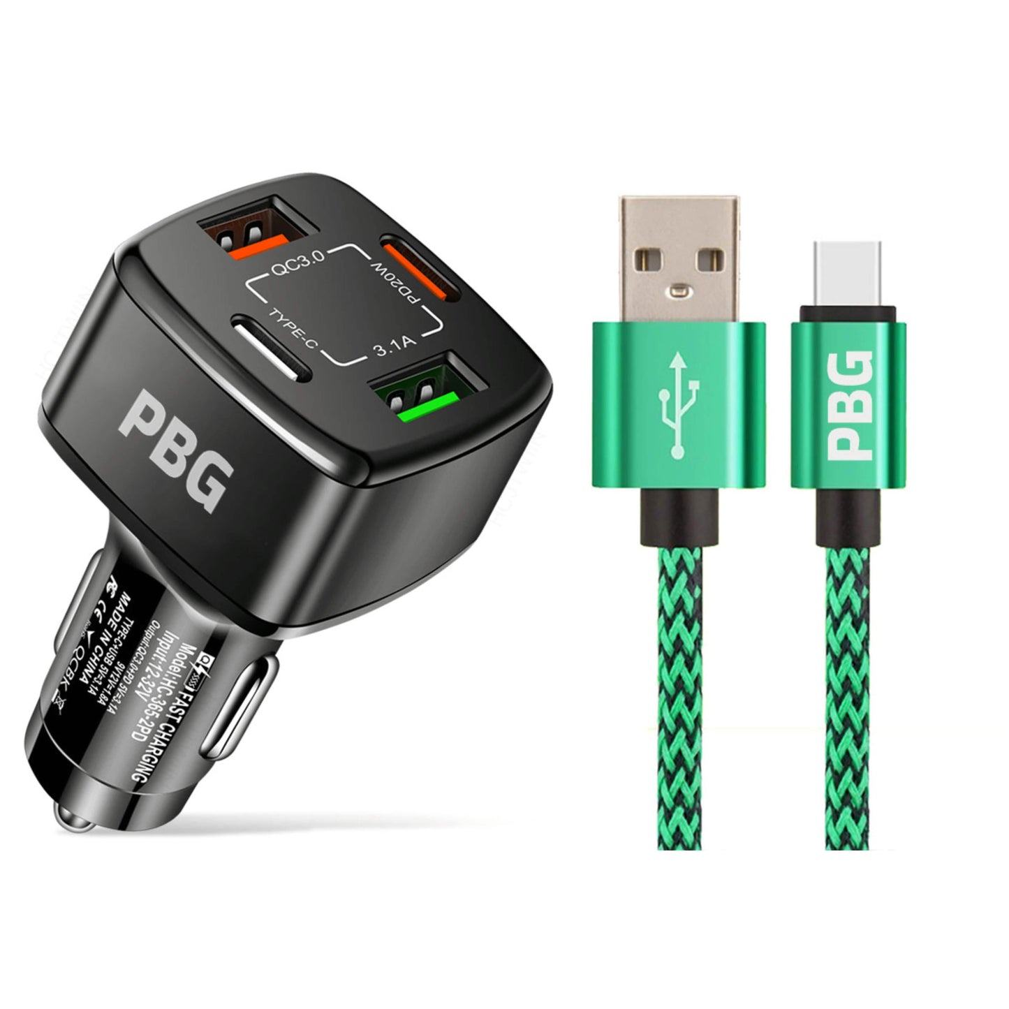 PBG 4-Port PD/USB Car Charger and 10FT Zebra Style Lightning Cable Bundle