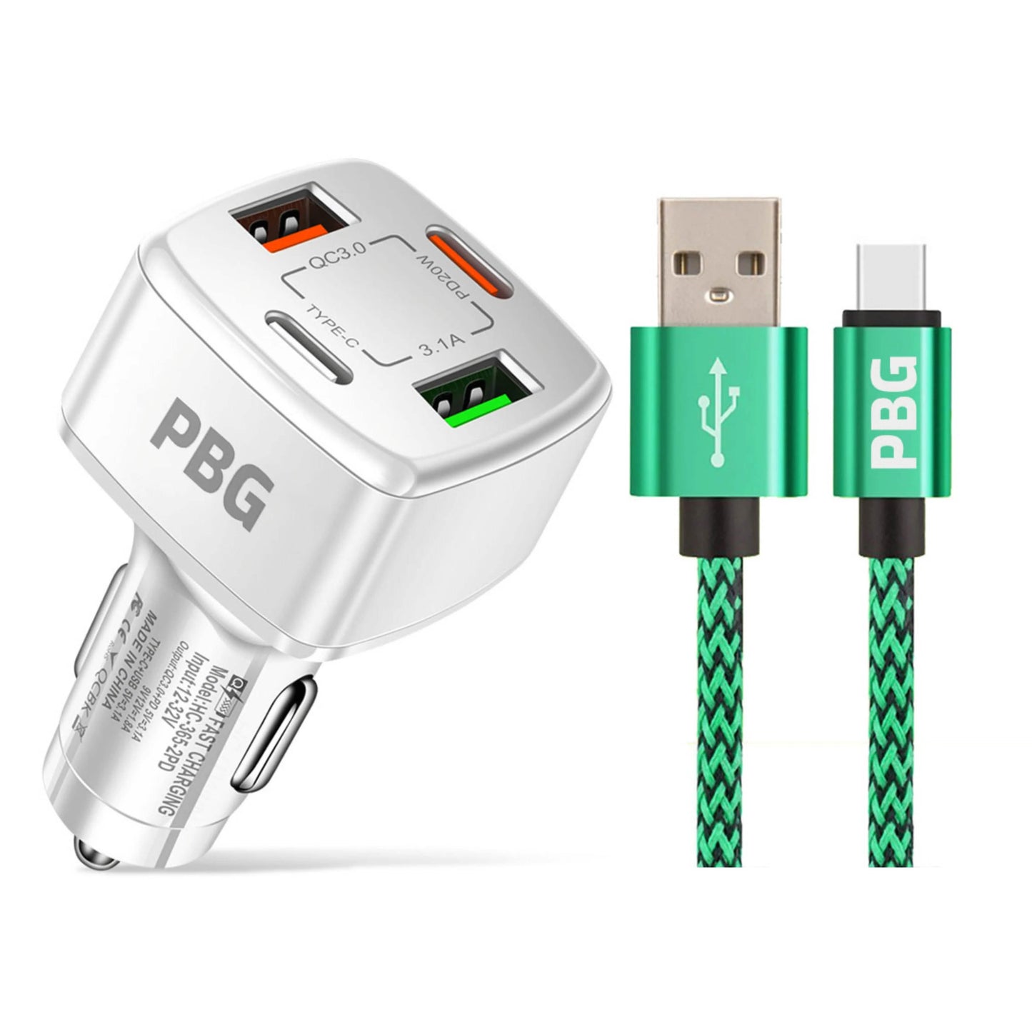 PBG 4 Port PD/USB Car Charger and 10Ft. Zebra Style Lightning Cable Bundle