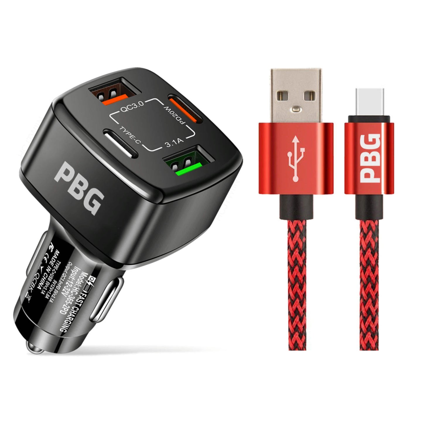 PBG 4-Port PD/USB Car Charger and 10FT Zebra Style Lightning Cable Bundle