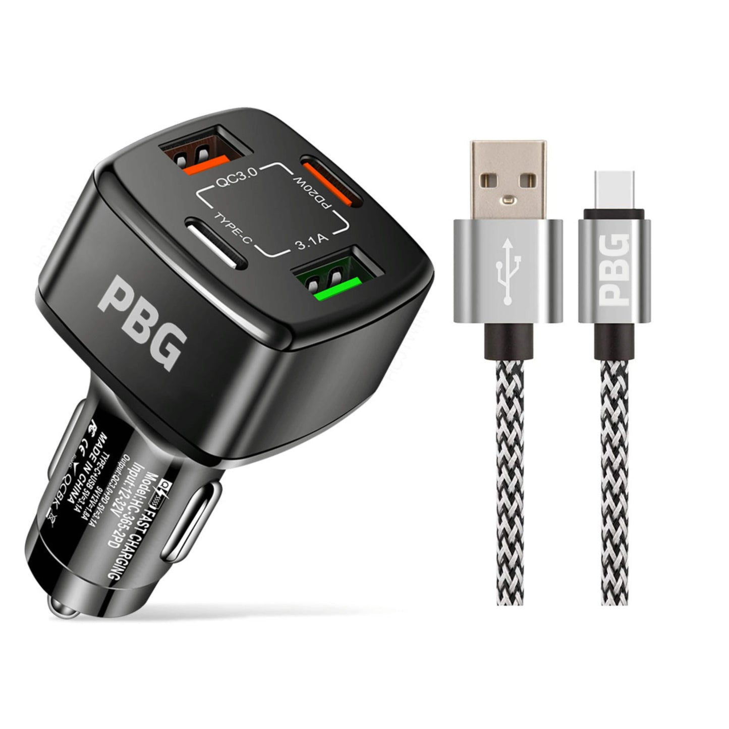 PBG 4-Port PD/USB Car Charger and 10FT Zebra Style Lightning Cable Bundle