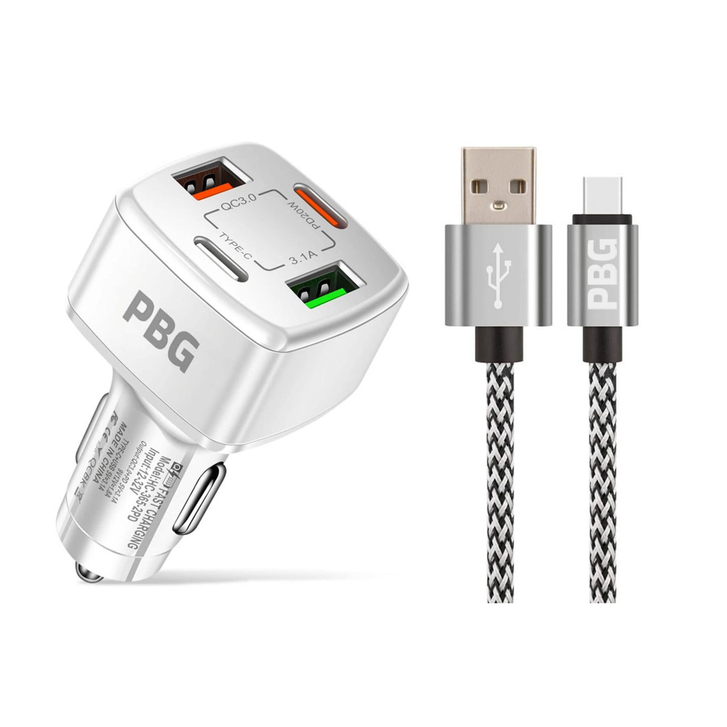 PBG 4 Port PD/USB Car Charger and 10Ft. Zebra Style Lightning Cable Bundle