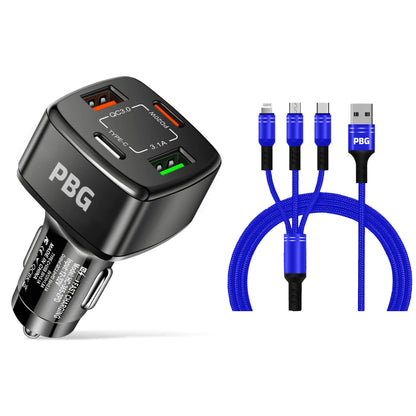PBG Black 4 Port Car Charger and 4FT - 3 in 1 Nylon Cable Combo