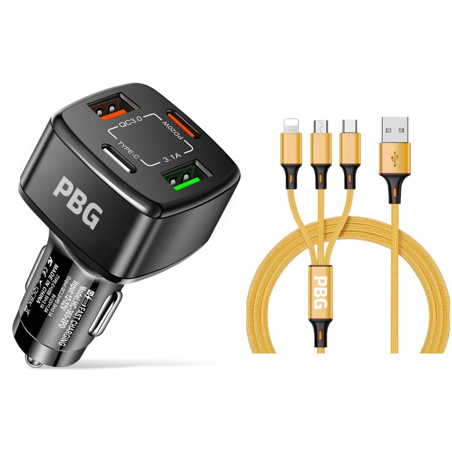 PBG Black 4 Port Car Charger and 4FT - 3 in 1 Nylon Cable Combo