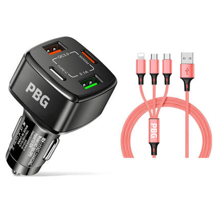 PBG Black 4 Port Car Charger and 4FT - 3 in 1 Nylon Cable Combo