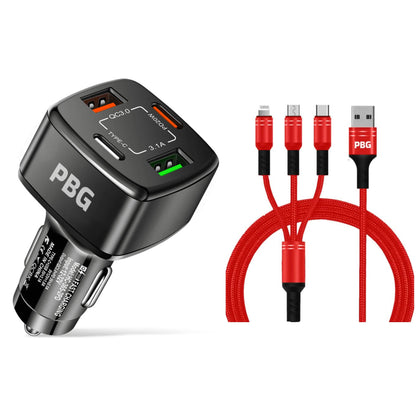 PBG Black 4 Port Car Charger and 4FT - 3 in 1 Nylon Cable Combo
