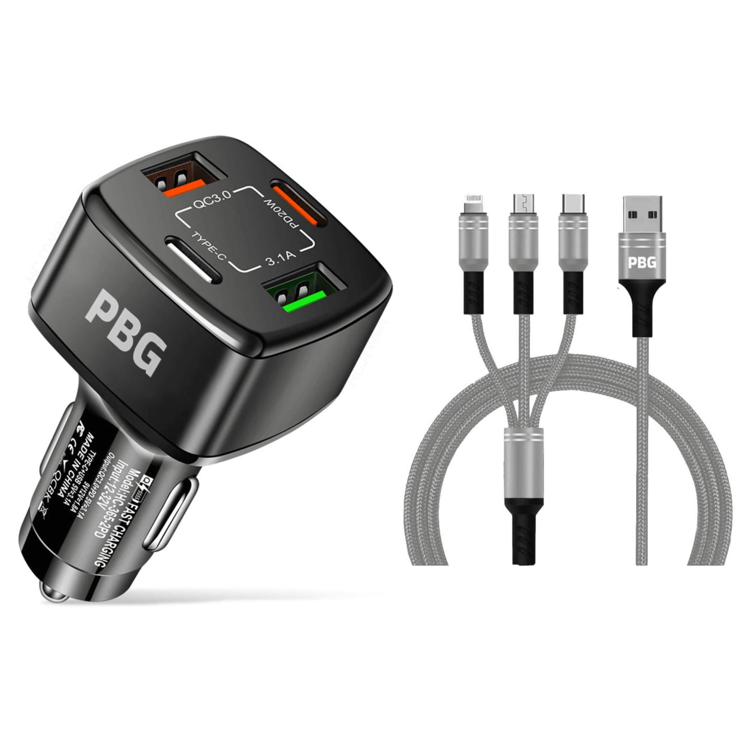 PBG Black 4 Port Car Charger and 4FT - 3 in 1 Nylon Cable Combo