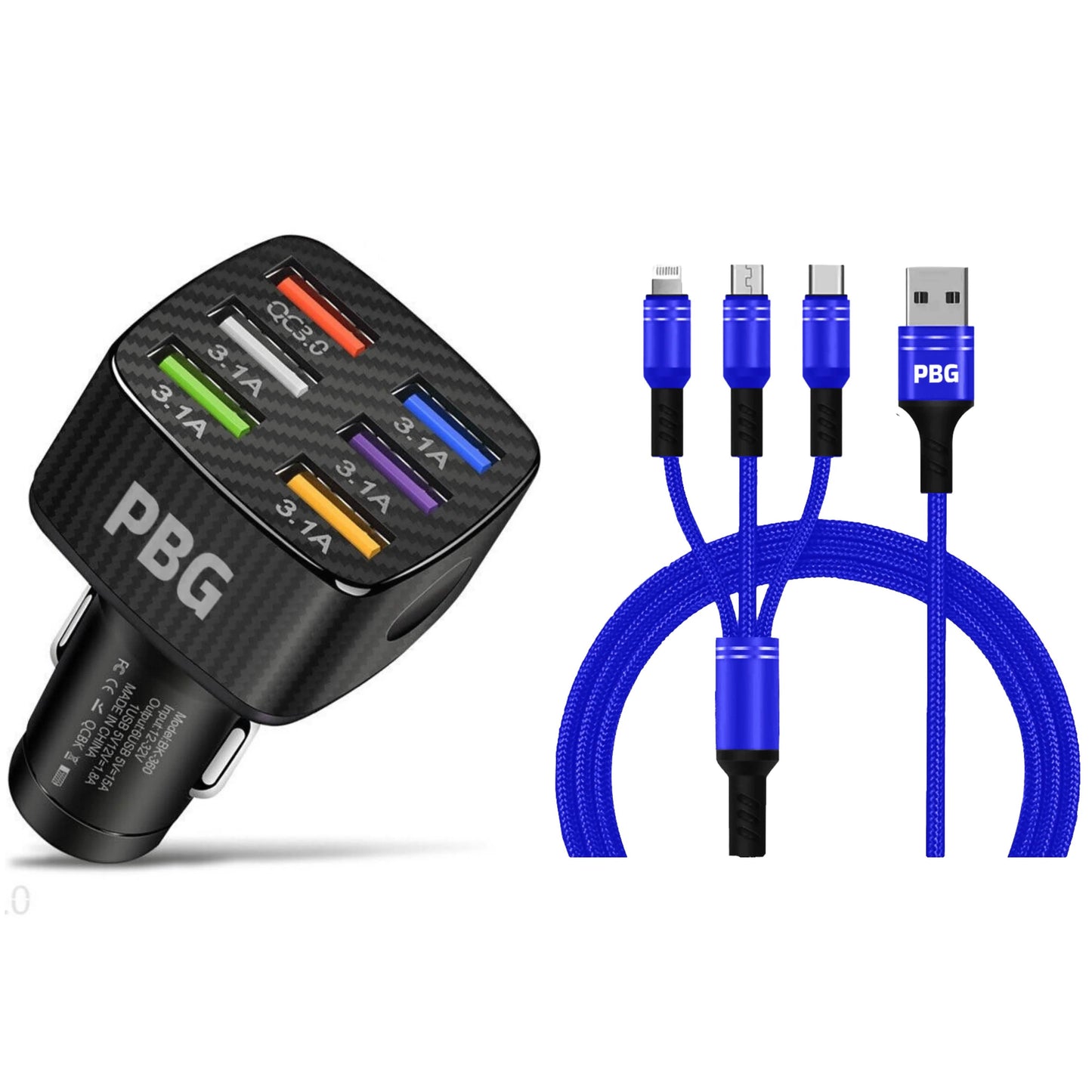 PBG Black LED 6 Port Car Charger and 4FT- 3 In 1 Cable Combo
