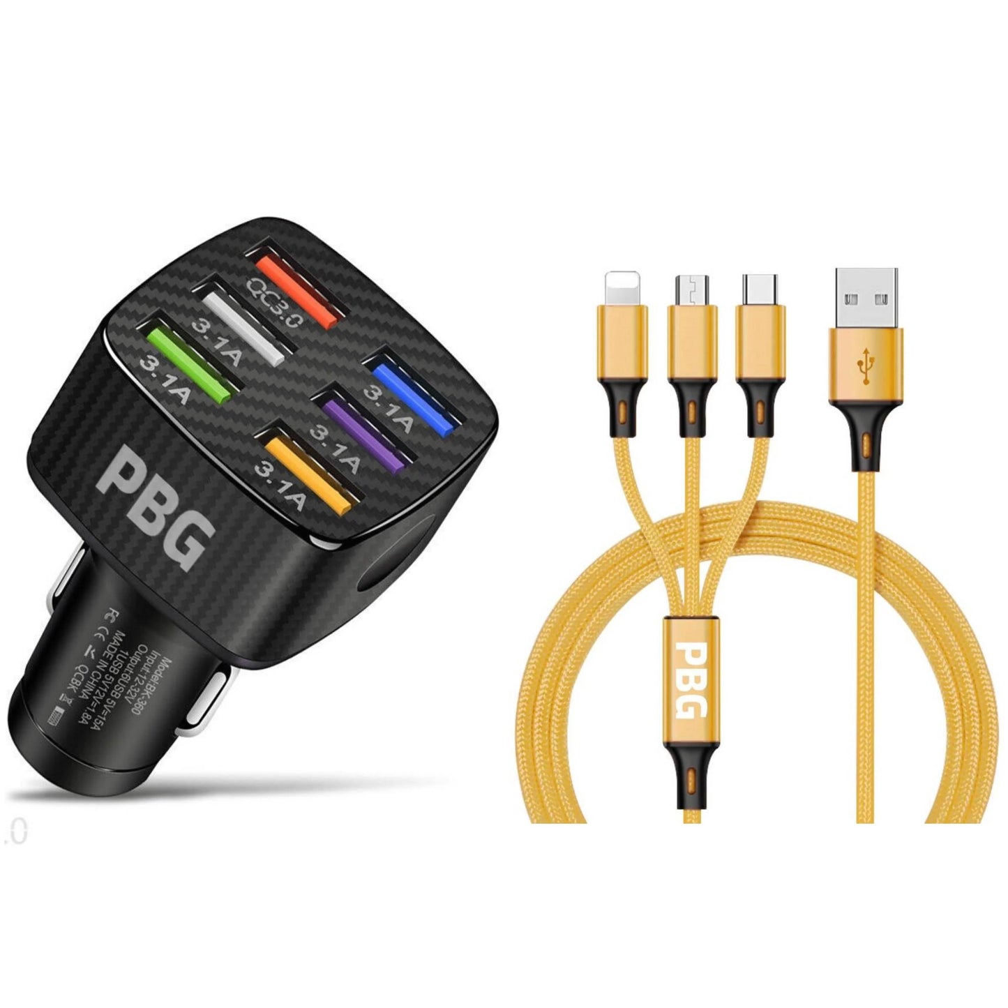 PBG Black LED 6 Port Car Charger and 4FT- 3 In 1 Cable Combo