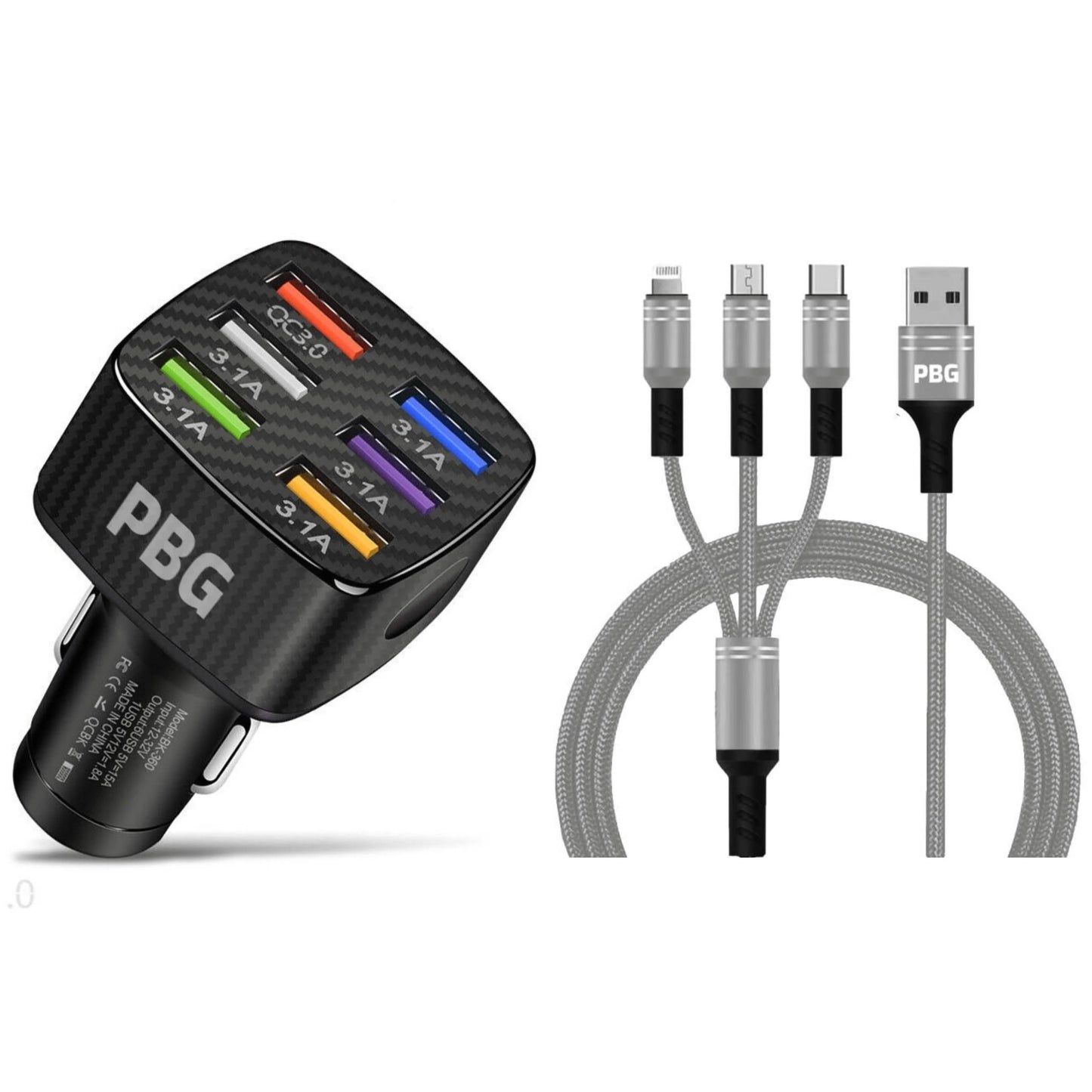 PBG Black LED 6 Port Car Charger and 4FT- 3 In 1 Cable Combo
