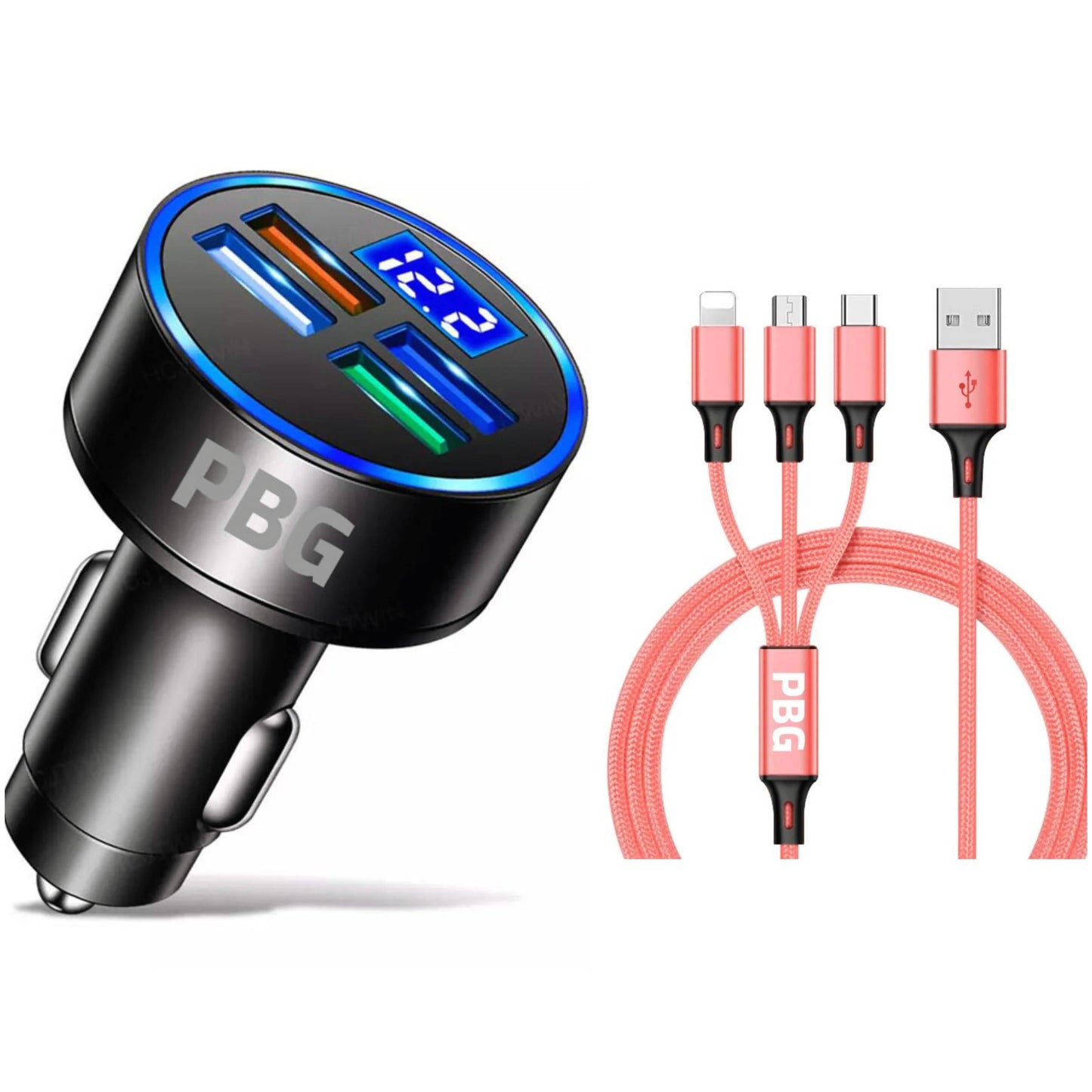 PBG LED 4 Port Car Charger Voltage Display and 3-in-1 Cable Bundle