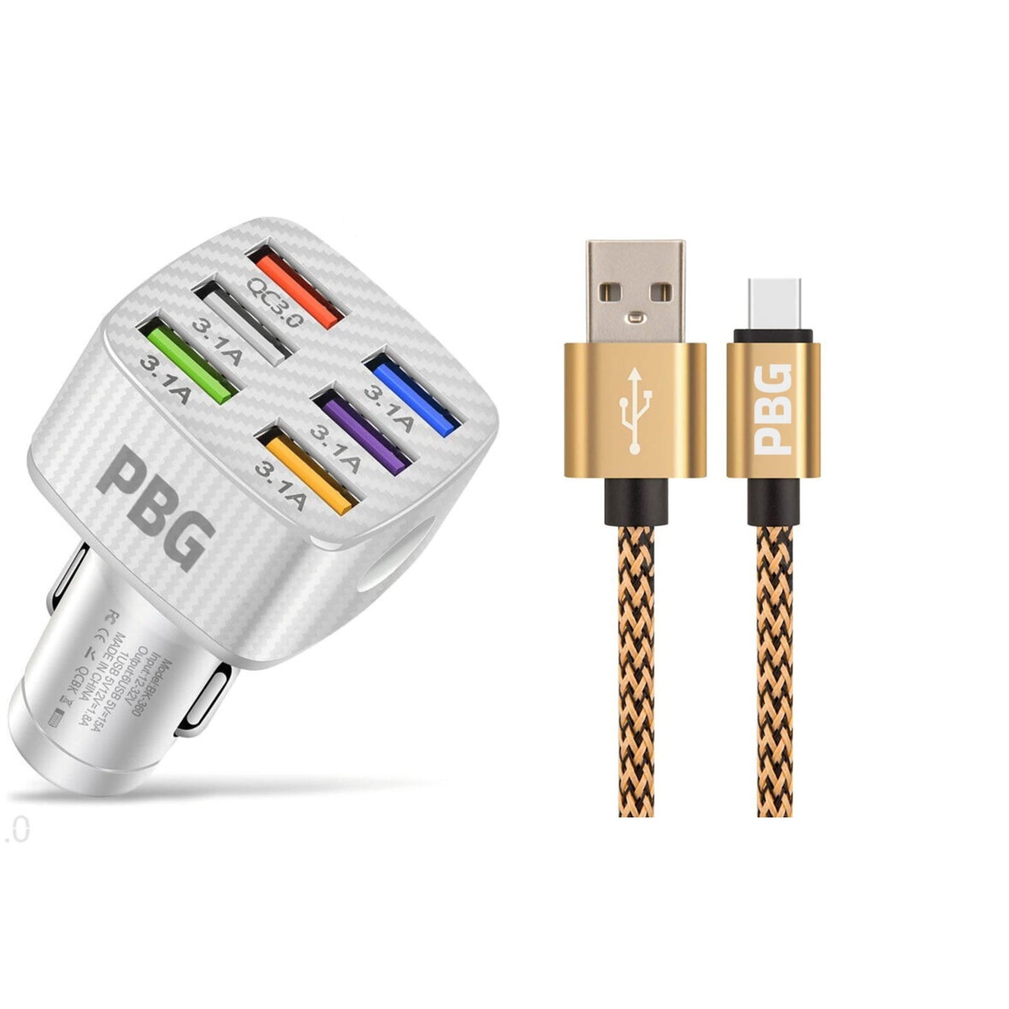 PBG LED 6-Port Car Charger and 10FT XL Zebra Lightning Cable Combo