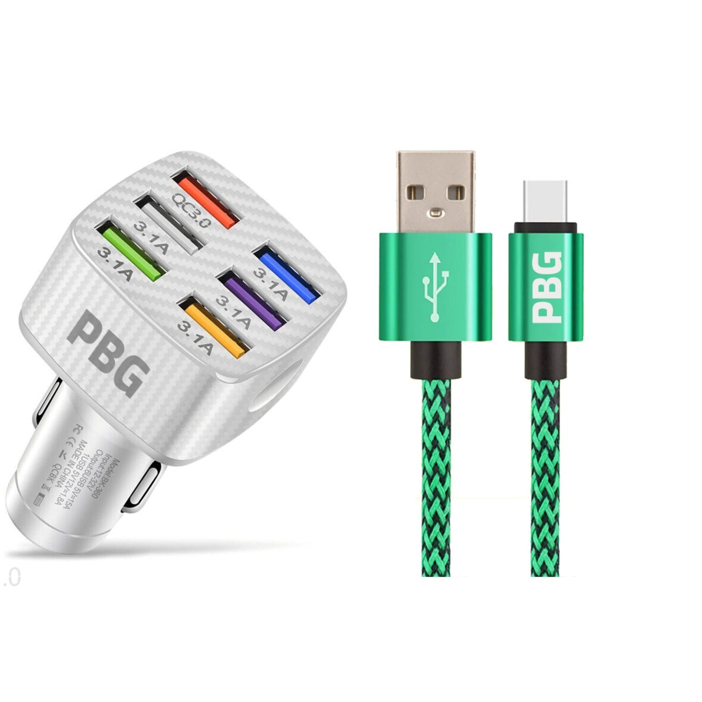 PBG LED 6-Port Car Charger and 10FT XL Zebra Lightning Cable Combo