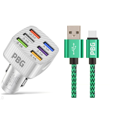 PBG LED 6-Port Car Charger and 10FT XL Zebra Lightning Cable Combo
