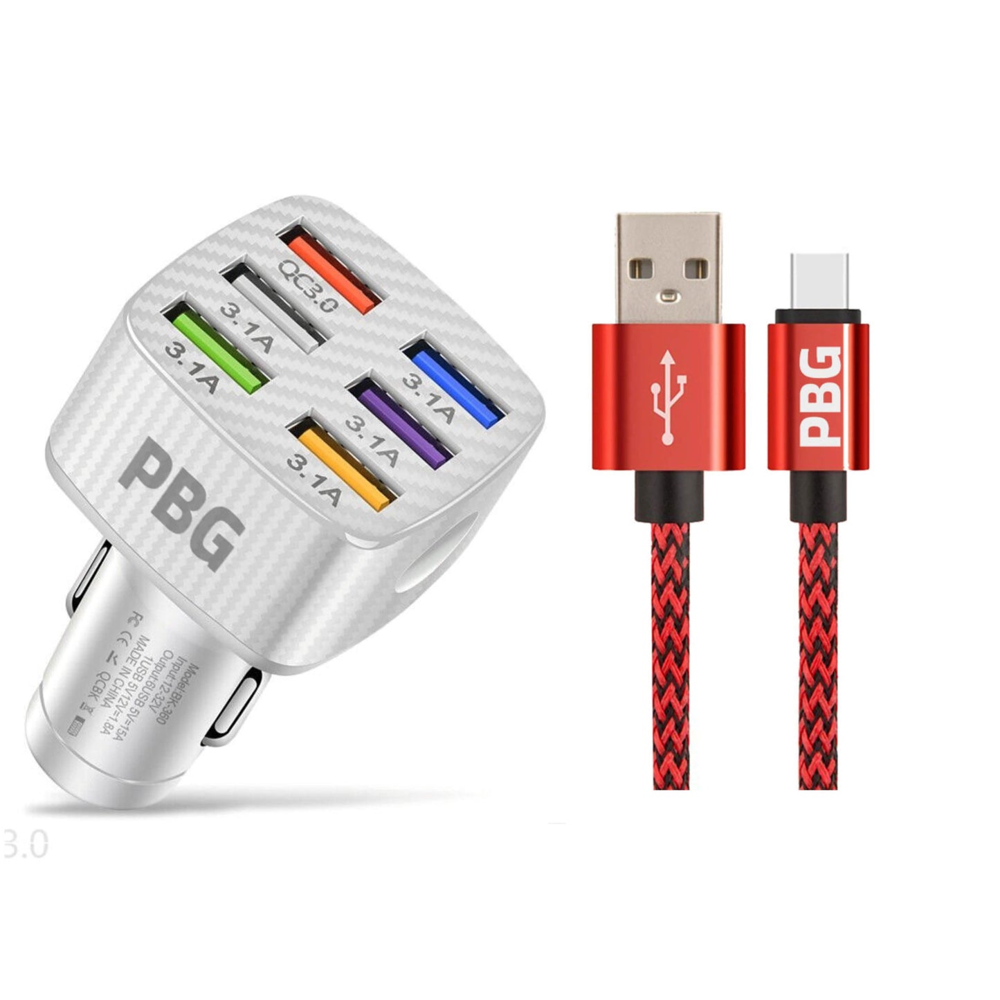 PBG LED 6-Port Car Charger and 10FT XL Zebra Lightning Cable Combo