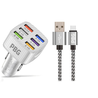 PBG LED 6-Port Car Charger and 10FT XL Zebra Lightning Cable Combo