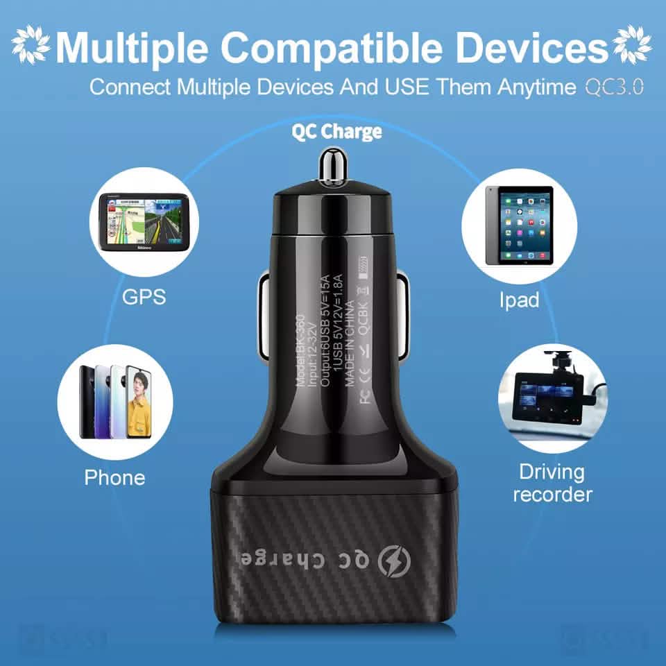 PBG LED 6-Port Car Charger and 4 in 1 Nylon Charging Cable Bundle