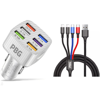 PBG LED 6-Port Car Charger and 4 in 1 Nylon Charging Cable Bundle