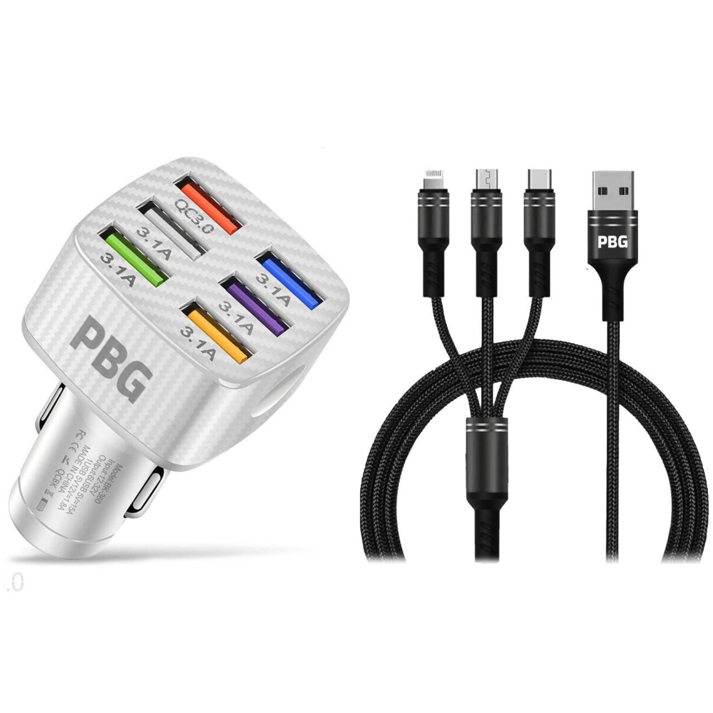 PBG LED 6 Port Car Charger and 4Ft. 3-in-1 Cable Combo