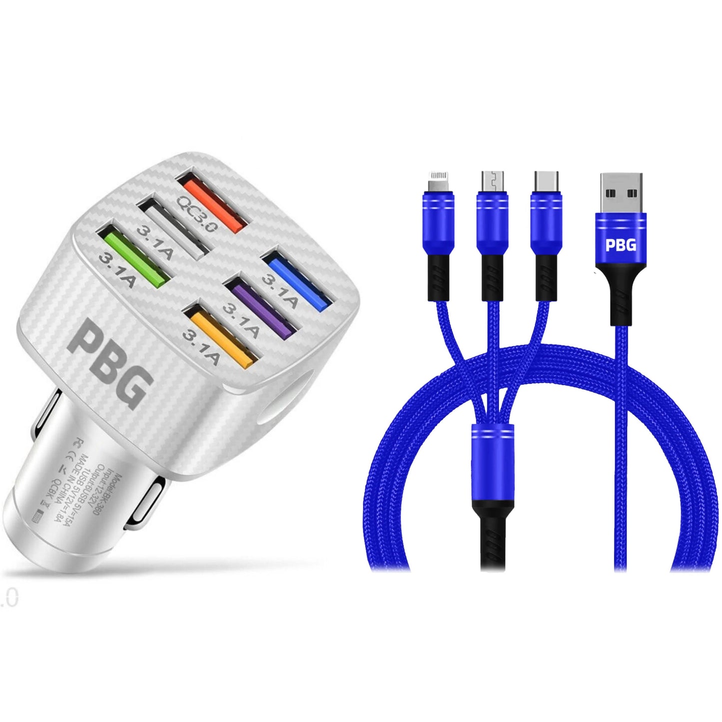 PBG LED 6 Port Car Charger and 4Ft. 3-in-1 Cable Combo