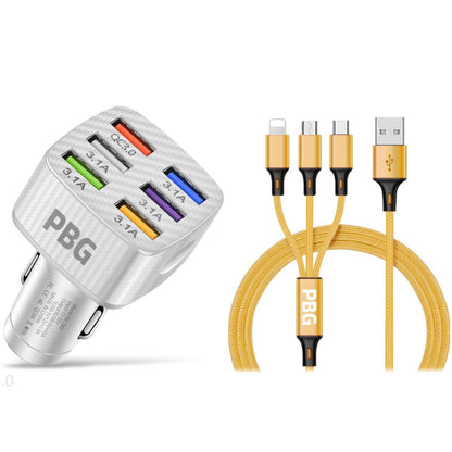 PBG LED 6 Port Car Charger and 4Ft. 3-in-1 Cable Combo