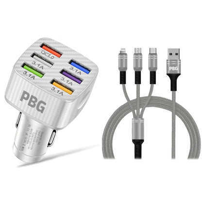 PBG LED 6 Port Car Charger and 4Ft. 3-in-1 Cable Combo