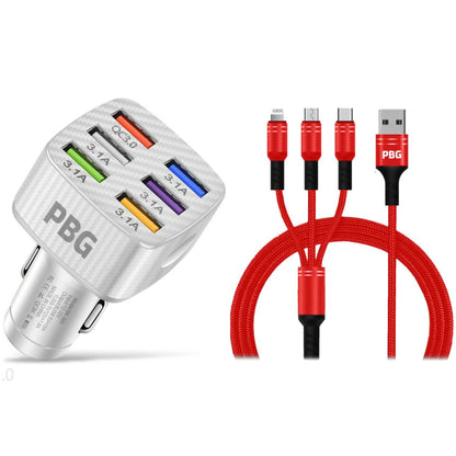 PBG LED 6 Port Car Charger and 4Ft. 3-in-1 Cable Combo