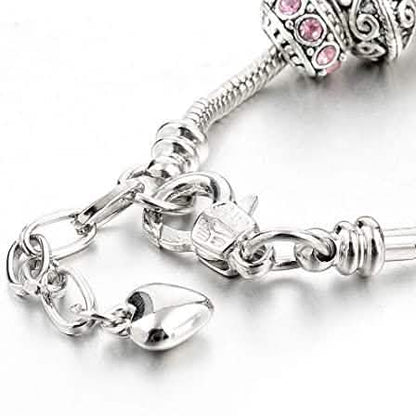 Pink Crystal Love Heart Bead Glass Charm Bracelet with Extender