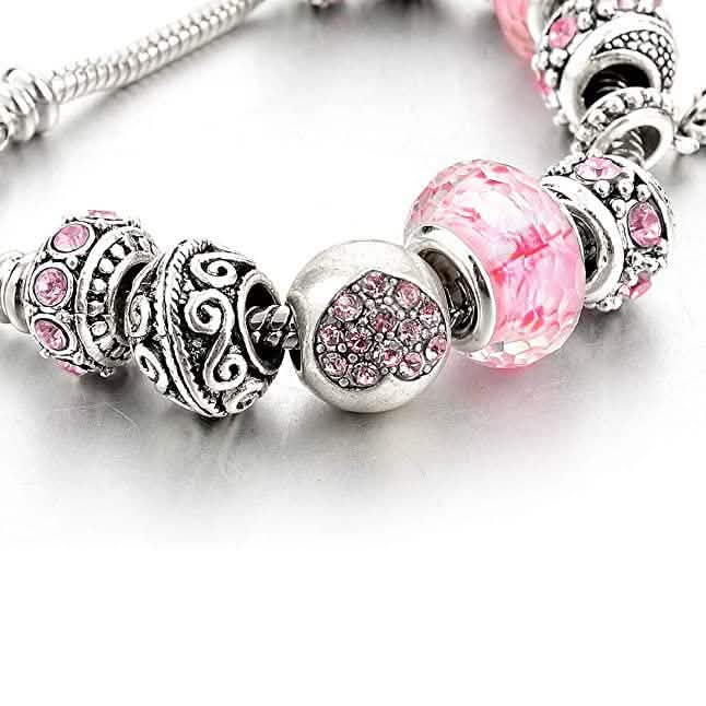 Pink Crystal Love Heart Bead Glass Charm Bracelet with Extender