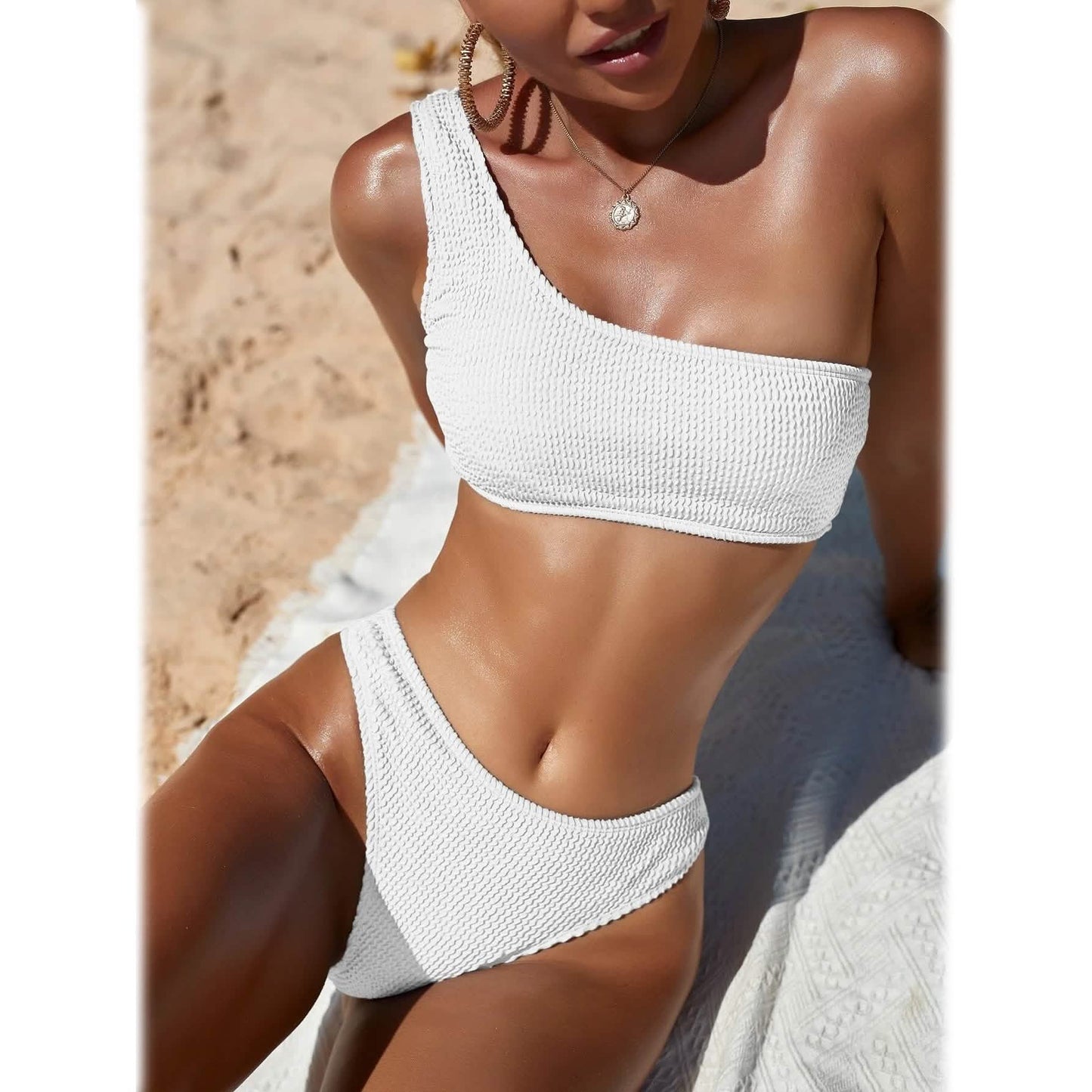 Plain One Shoulder Bikini Swimsuit