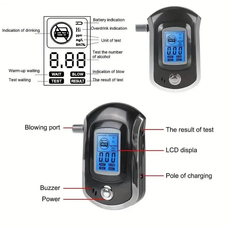 Police-Grade Breathalyzer with LCD Display - AT6000 Alcohol Tester