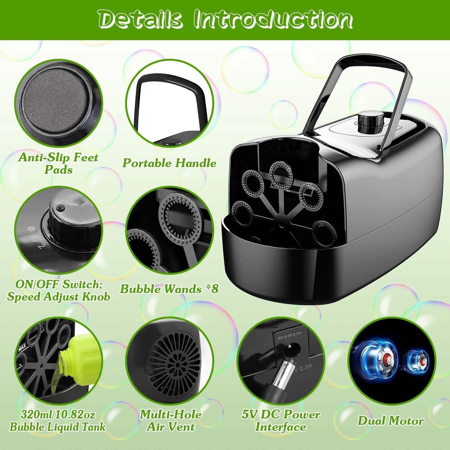 Portable Bubble Blowing Machine  with 2 Speeds Handle 3000-4000 Bubbles Per Minute Plug-In Battery Powered