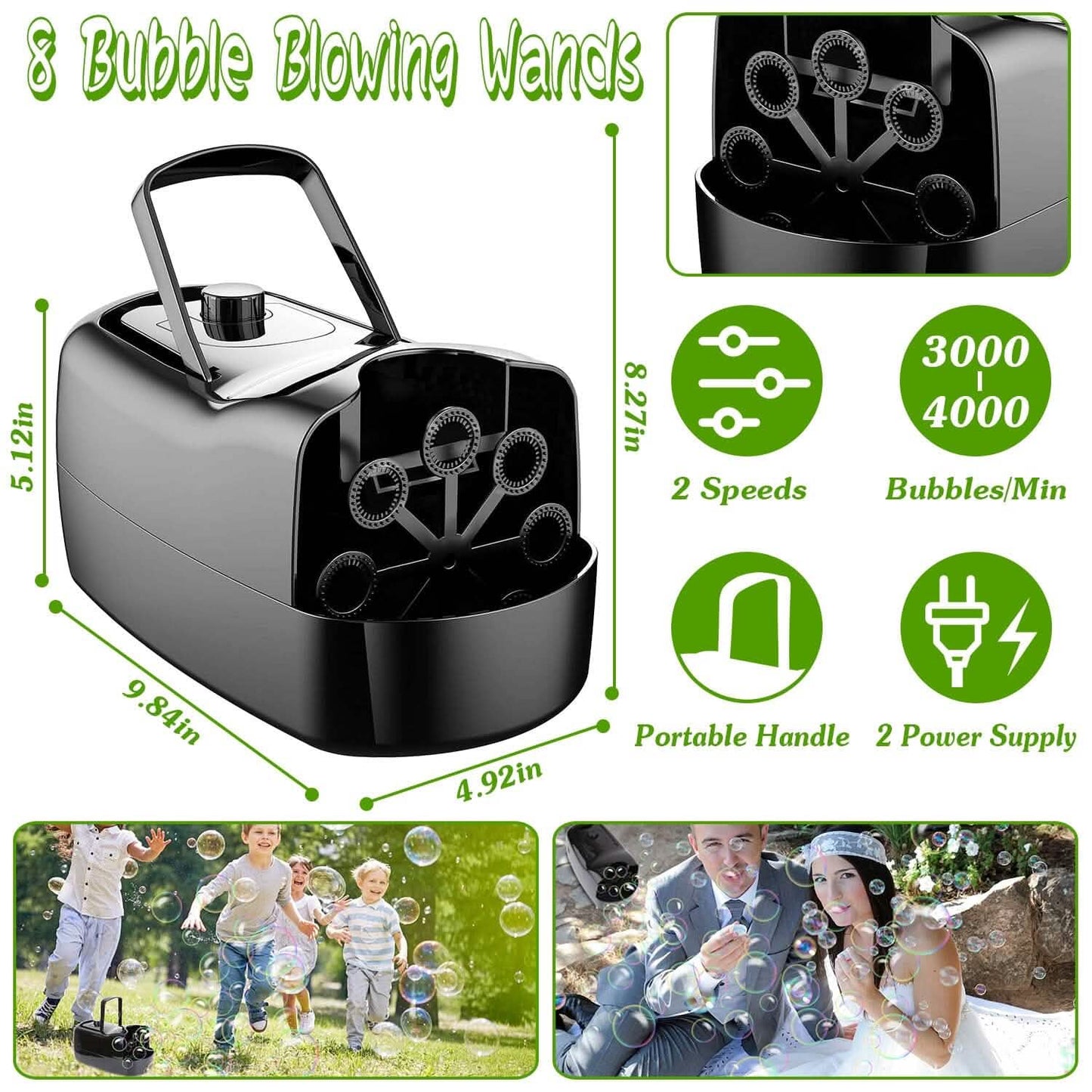 Portable Bubble Blowing Machine  with 2 Speeds Handle 3000-4000 Bubbles Per Minute Plug-In Battery Powered